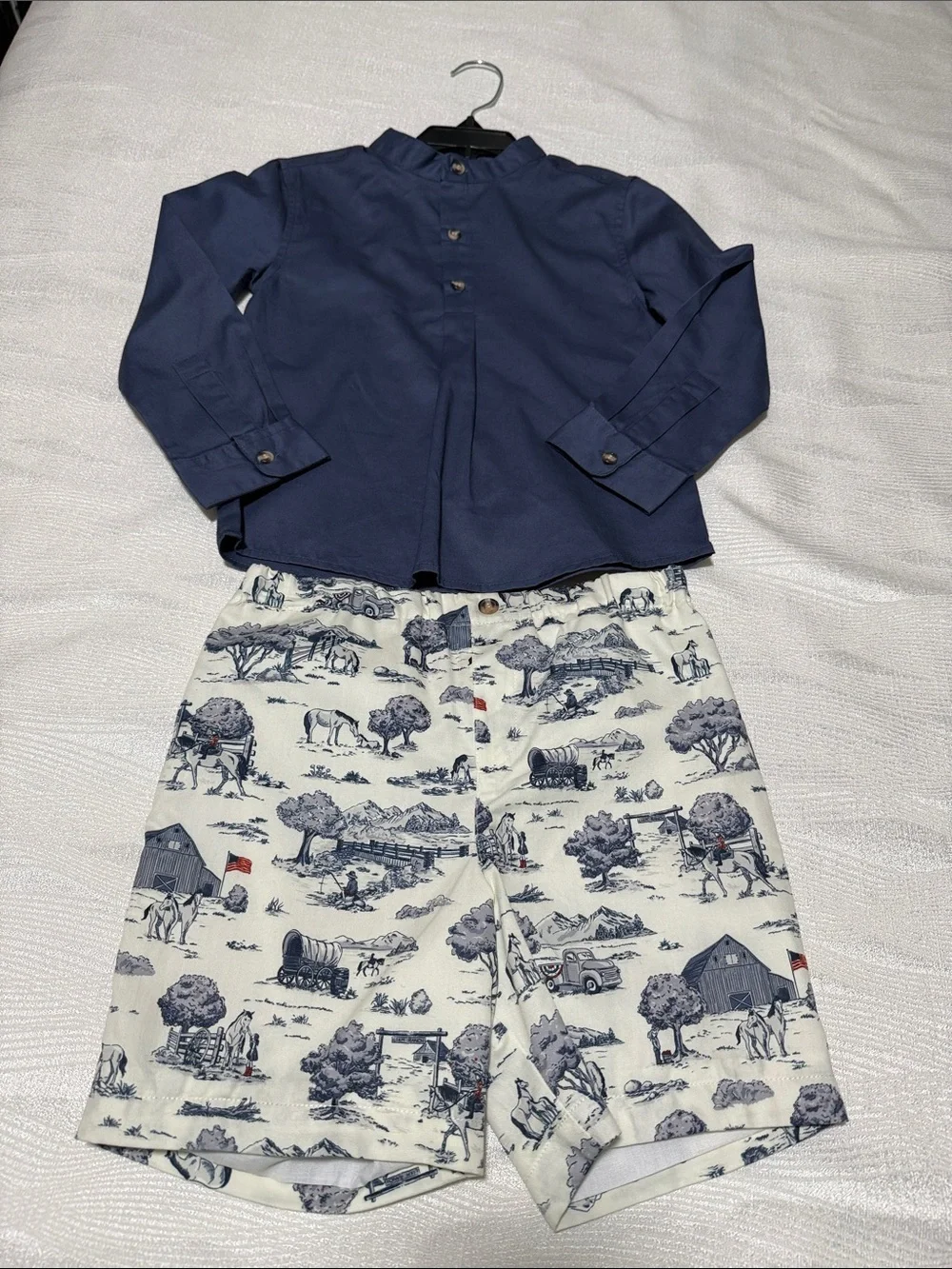 Boys Navy Button-Up Shirt with Toile Print Shorts size 6